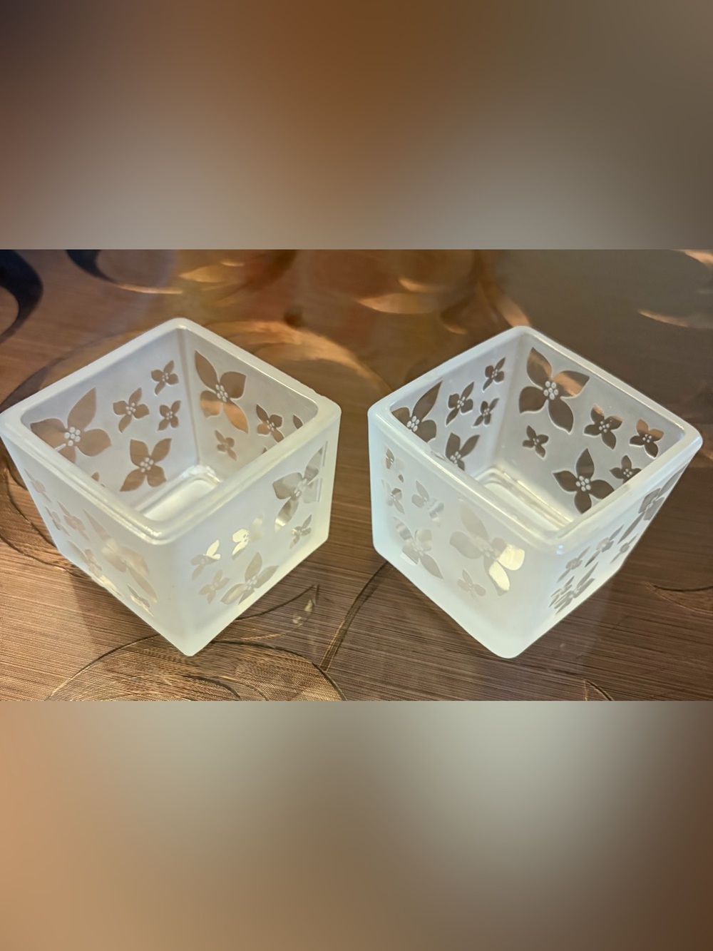 PartyLite Frosted White Floral Glass Votive Holders set of 2